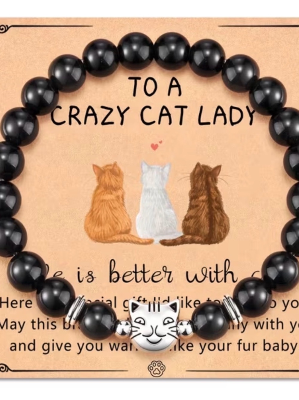 Cat Charm Black Beaded Bracelet - Cute Cat Face Accent